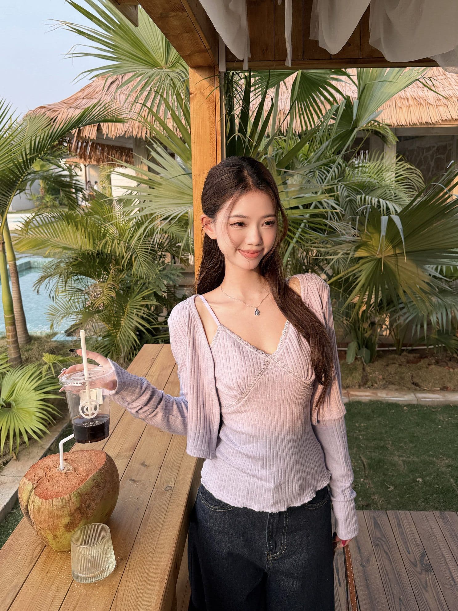 원본 원단 핫걸 세트 보라색 니트 오픈 가디건 여성 코트 봄 인사이드 가져 가라. 레이스 캐미솔 투피스 세트