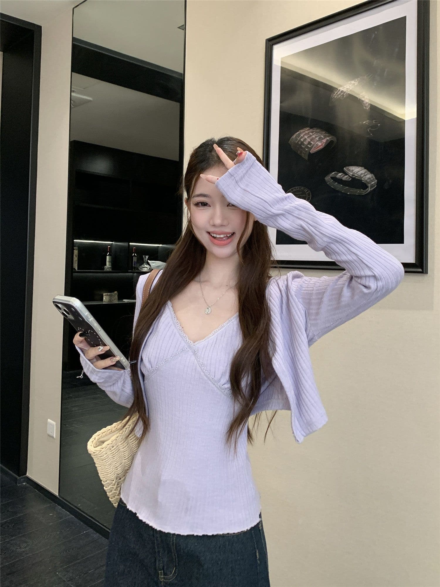 원본 원단 핫걸 세트 보라색 니트 오픈 가디건 여성 코트 봄 인사이드 가져 가라. 레이스 캐미솔 투피스 세트 상세 이미지 15