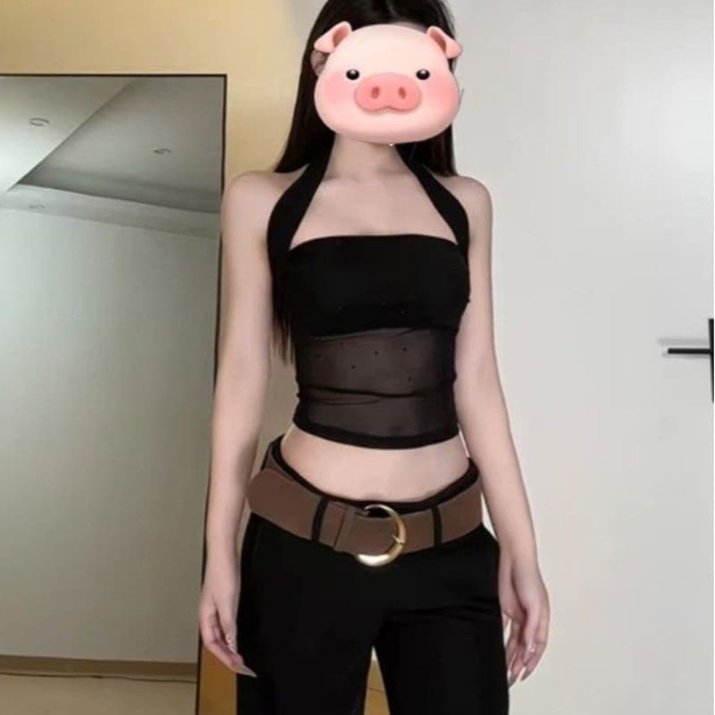 망사 사람들 면 아메리칸 검정색 섹시함 망사 핫픽스 행침 목 캐미솔 여름 태국 사람 스타일 핫걸 맨위 이미지 5
