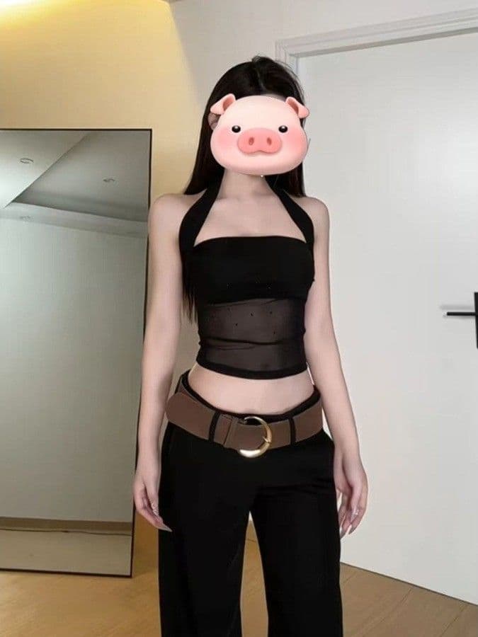 망사 사람들 면 아메리칸 검정색 섹시함 망사 핫픽스 행침 목 캐미솔 여름 태국 사람 스타일 핫걸 맨위 상세 이미지 1
