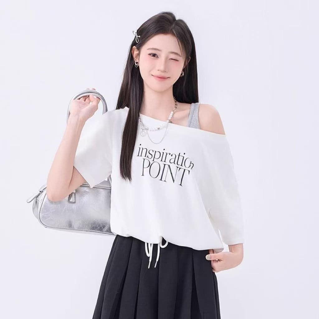26 지점 순면 얼음 실크 리브 마이크로 지방 자매 페이크 레이어드 슬립 오프숄더 반팔 여름 티셔츠 여성 짧은 맨위