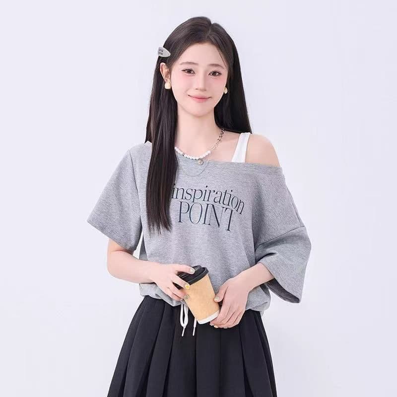 26 지점 순면 얼음 실크 리브 마이크로 지방 자매 페이크 레이어드 슬립 오프숄더 반팔 여름 티셔츠 여성 짧은 맨위 이미지 2