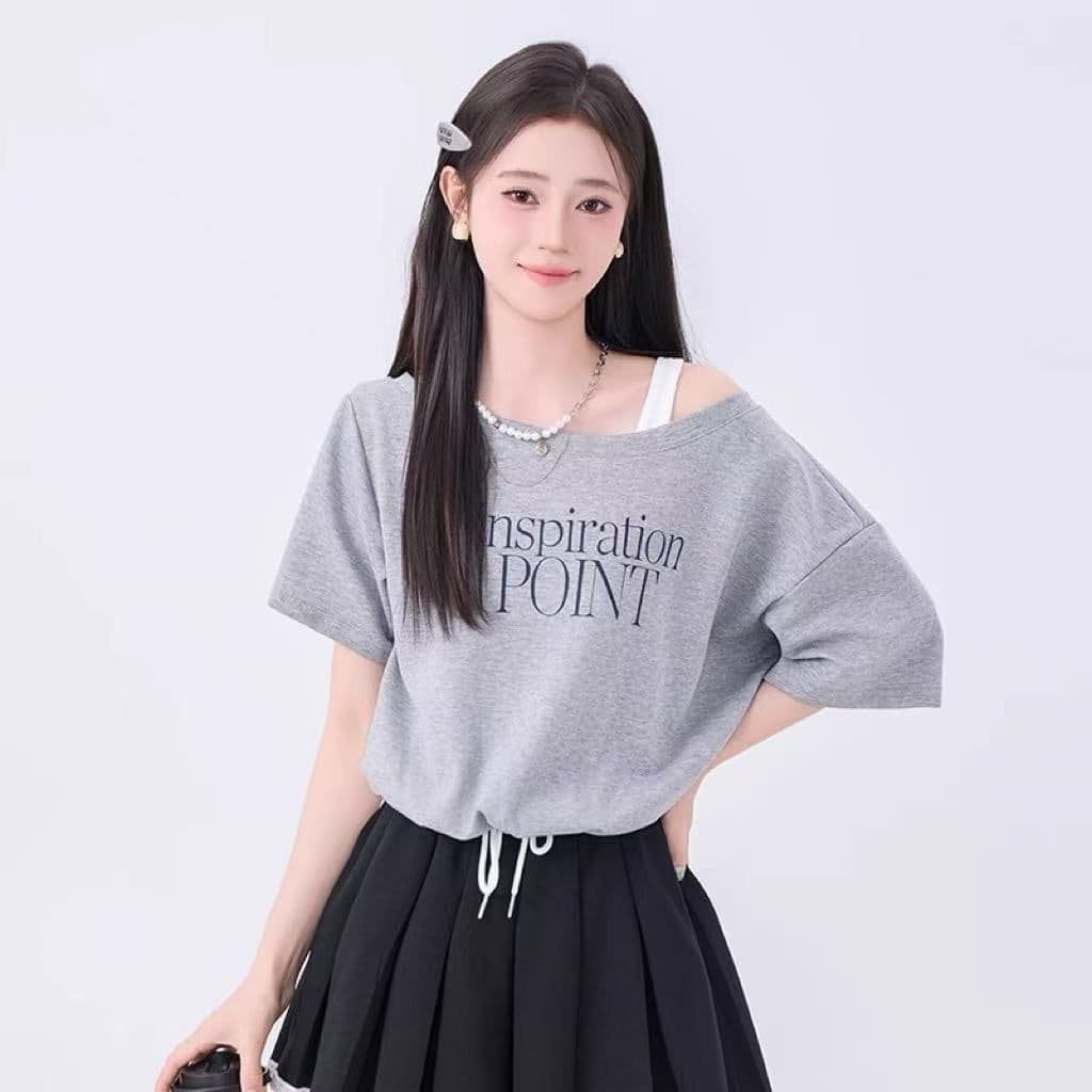 26 지점 순면 얼음 실크 리브 마이크로 지방 자매 페이크 레이어드 슬립 오프숄더 반팔 여름 티셔츠 여성 짧은 맨위 이미지 3
