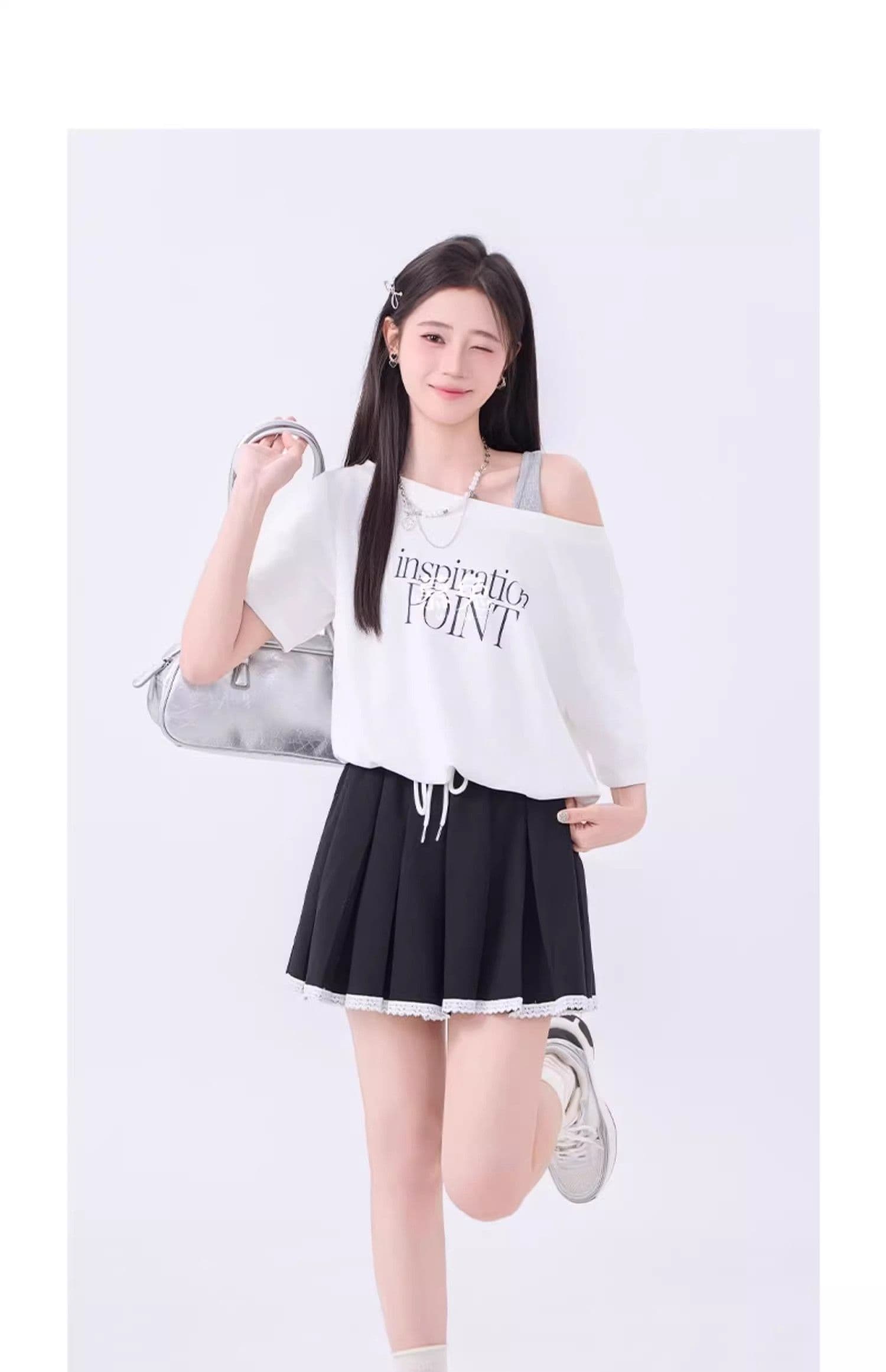 26 지점 순면 얼음 실크 리브 마이크로 지방 자매 페이크 레이어드 슬립 오프숄더 반팔 여름 티셔츠 여성 짧은 맨위 상세 이미지 10