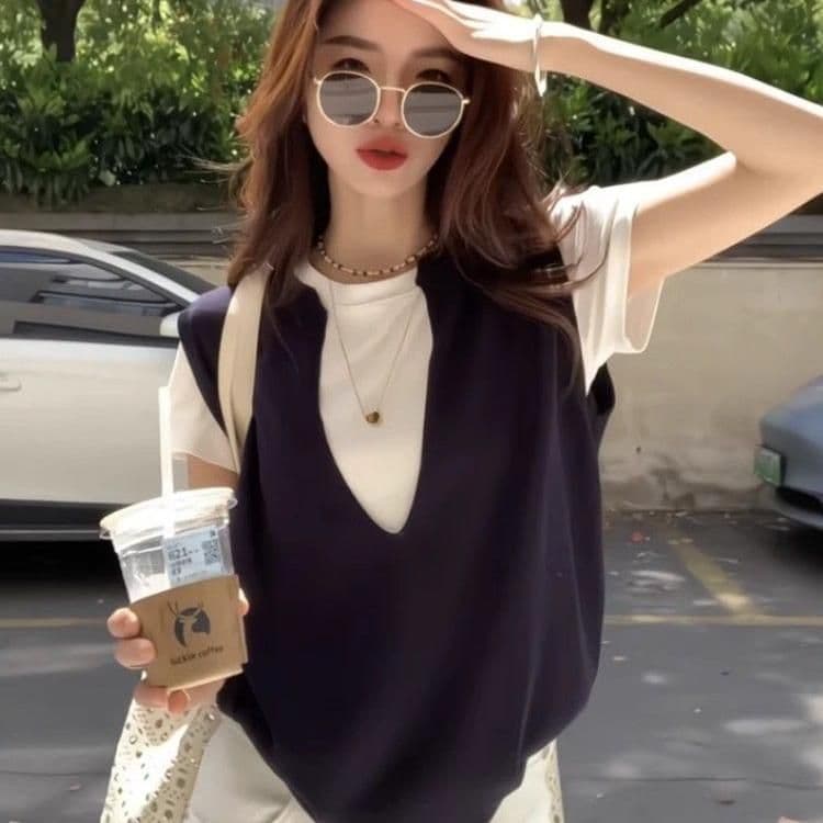 한국 스타일 패션 트렌드 티셔츠 다용도 캐주얼 맨위 페이크 레이어드 2025 새로운 여성 여름 루즈핏 슬림해 보이는 만나는