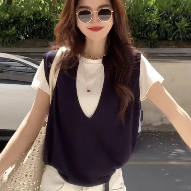 한국 스타일 패션 트렌드 티셔츠 다용도 캐주얼 맨위 페이크 레이어드 2025 새로운 여성 여름 루즈핏 슬림해 보이는 만나는 이미지 4