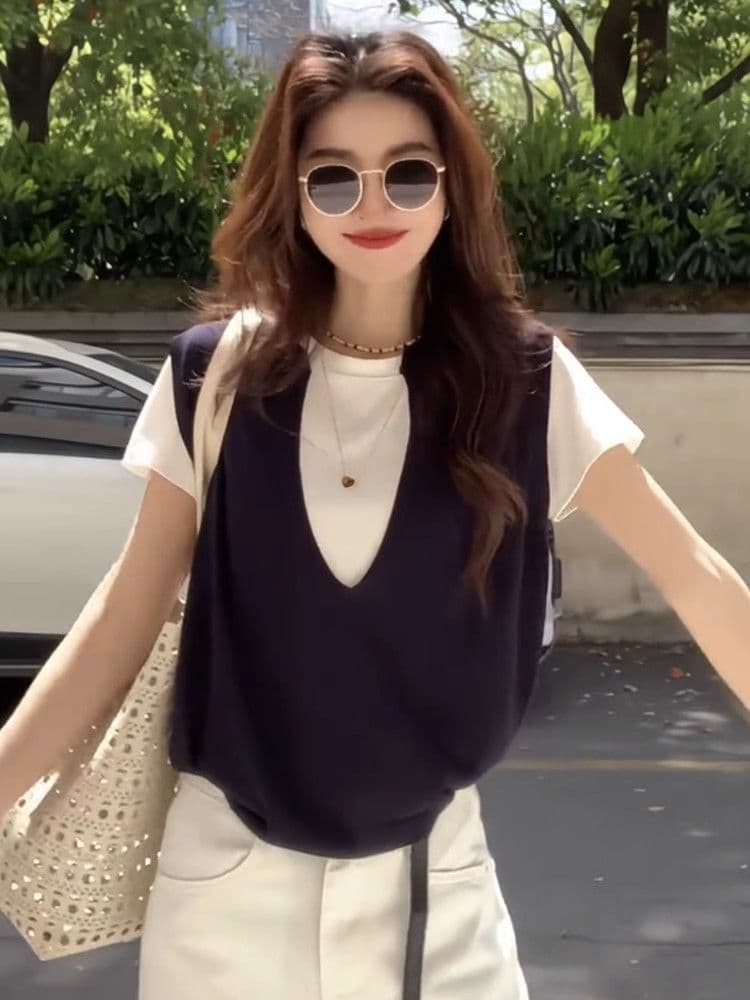 한국 스타일 패션 트렌드 티셔츠 다용도 캐주얼 맨위 페이크 레이어드 2025 새로운 여성 여름 루즈핏 슬림해 보이는 만나는 상세 이미지 5