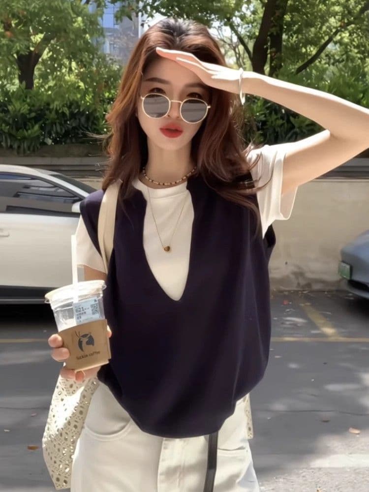 한국 스타일 패션 트렌드 티셔츠 다용도 캐주얼 맨위 페이크 레이어드 2025 새로운 여성 여름 루즈핏 슬림해 보이는 만나는 상세 이미지 12