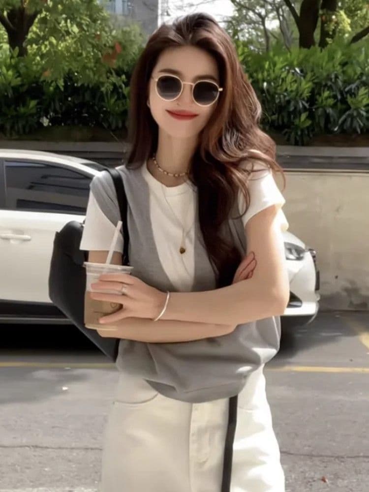 한국 스타일 패션 트렌드 티셔츠 다용도 캐주얼 맨위 페이크 레이어드 2025 새로운 여성 여름 루즈핏 슬림해 보이는 만나는 상세 이미지 16
