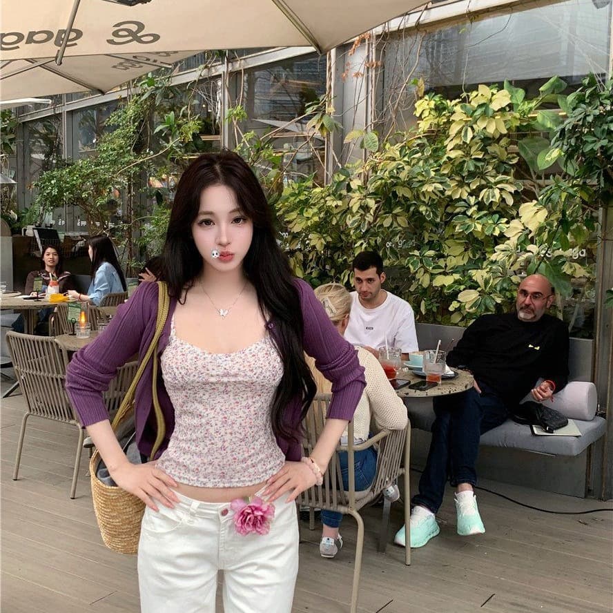 부드러운 달콤함 몸매 가꾸기 꽃무늬 캐미솔 봄 여름 다용도 캐주얼 긴팔 오픈 가디건 슬림해 보이는 패션 맨위 이미지 5
