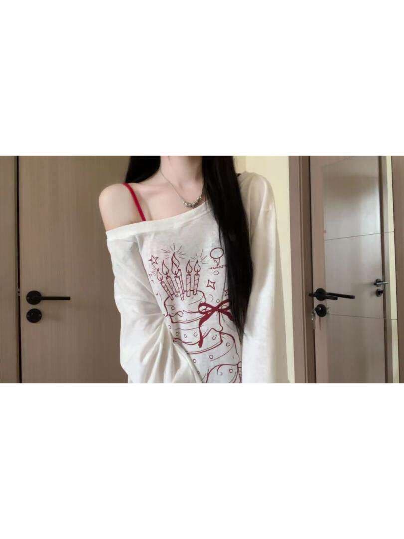 화이트 비스듬한 어깨 오프숄더 긴팔 자외선 차단 블라우스 여성 여름 루즈핏 느긋한 바람 프린트 디자인 센스 작은 대중 달콤한 자매 맨위 이미지 4