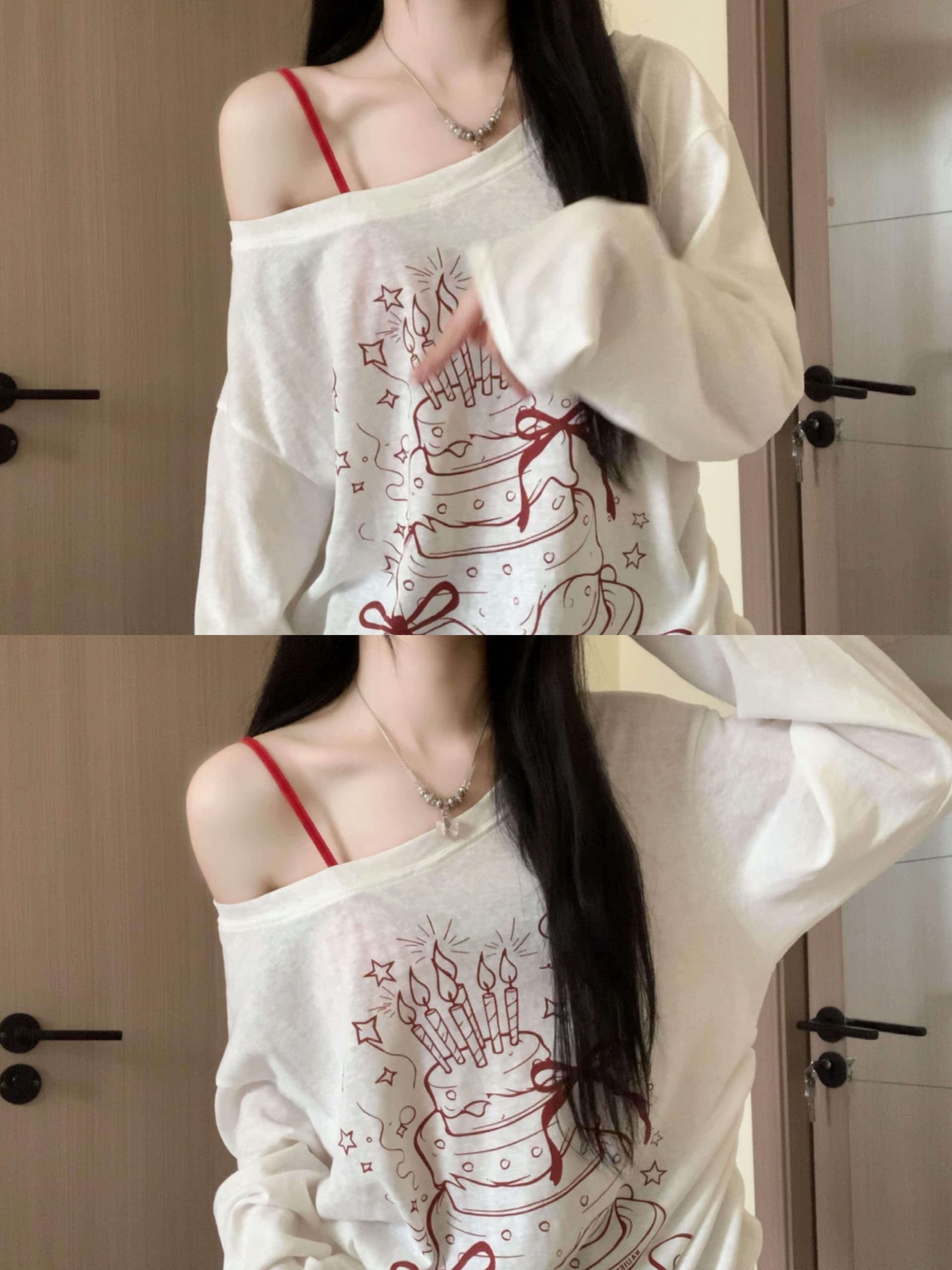 화이트 비스듬한 어깨 오프숄더 긴팔 자외선 차단 블라우스 여성 여름 루즈핏 느긋한 바람 프린트 디자인 센스 작은 대중 달콤한 자매 맨위 상세 이미지 2