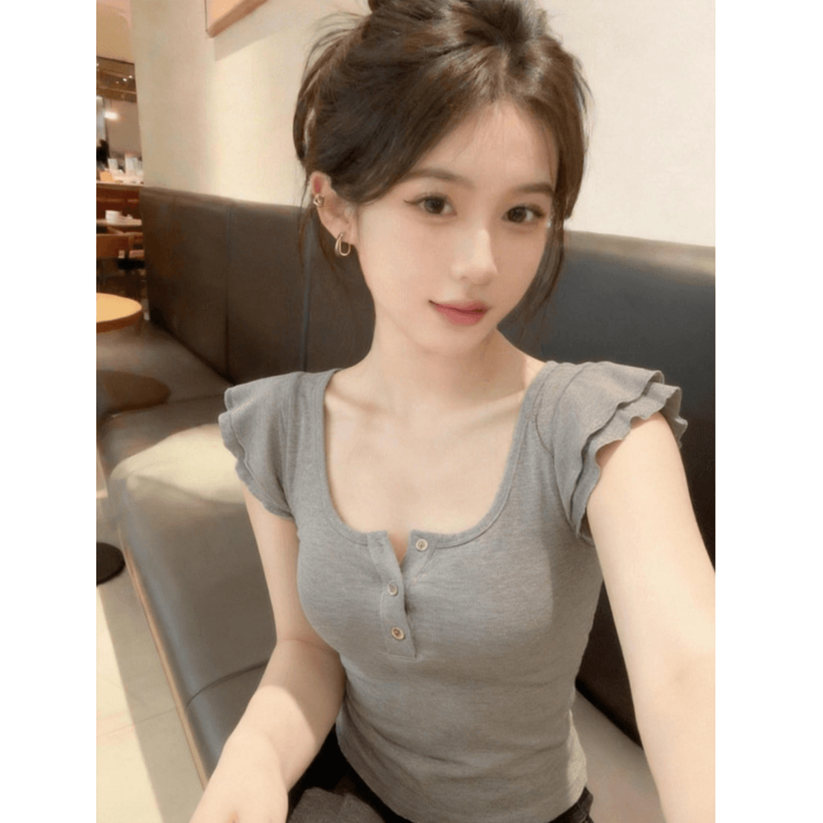 260 그램 사람들 면 리브 92 접착제 8 암모니아 Lun 순수한 욕망 회색 u 칼라 작은 날다 소매 티셔츠 여성 새로운 몸매 가꾸기 맨위