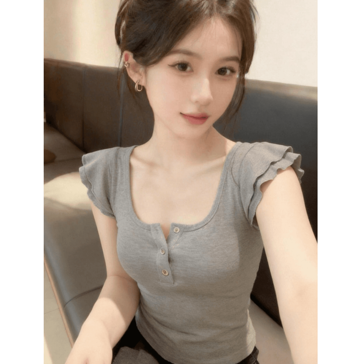 260 그램 사람들 면 리브 92 접착제 8 암모니아 Lun 순수한 욕망 회색 u 칼라 작은 날다 소매 티셔츠 여성 새로운 몸매 가꾸기 맨위 이미지 3