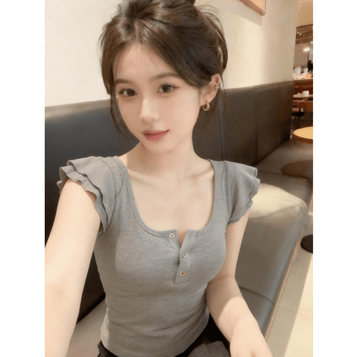 260 그램 사람들 면 리브 92 접착제 8 암모니아 Lun 순수한 욕망 회색 u 칼라 작은 날다 소매 티셔츠 여성 새로운 몸매 가꾸기 맨위 이미지 5