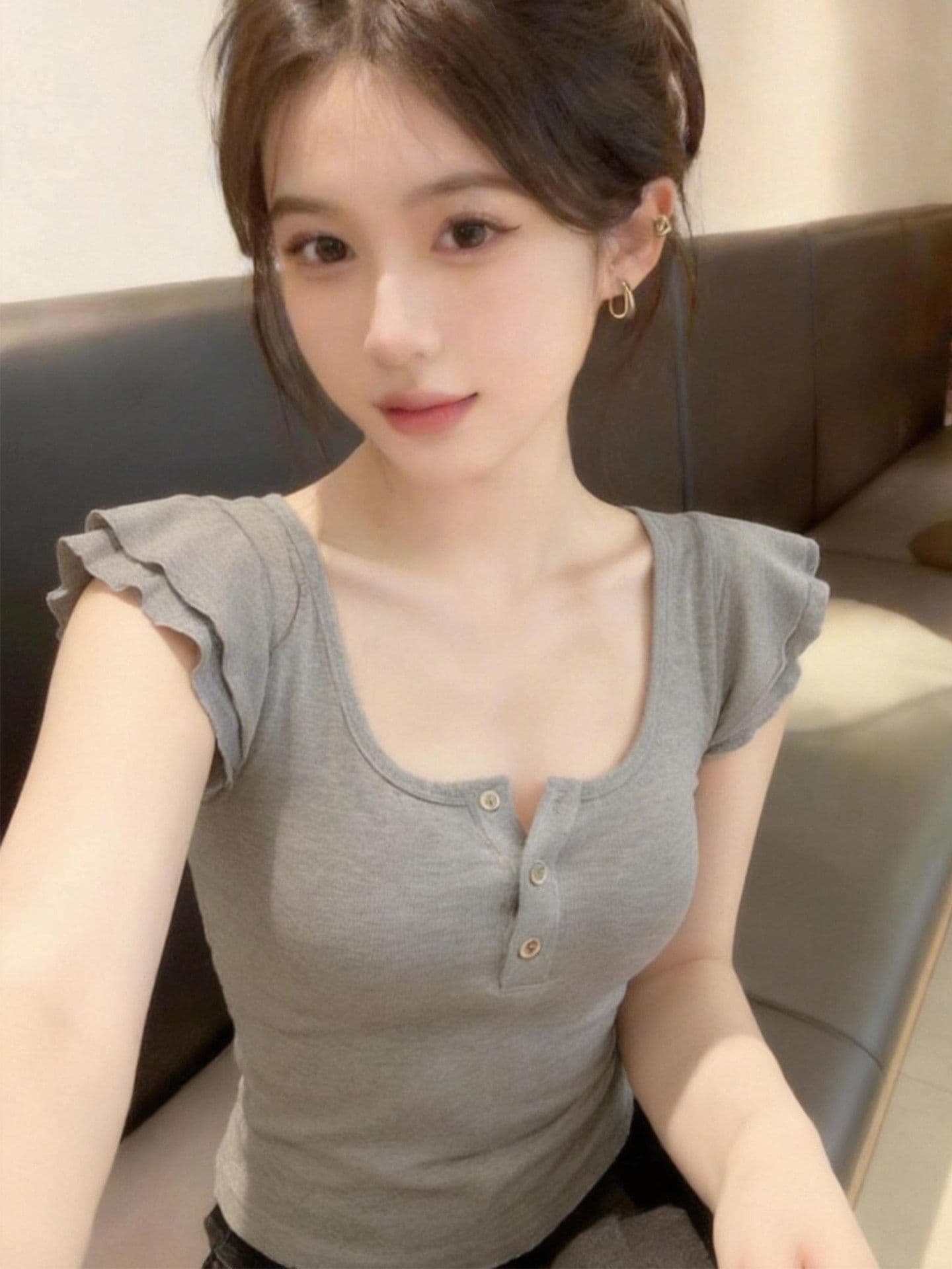 260 그램 사람들 면 리브 92 접착제 8 암모니아 Lun 순수한 욕망 회색 u 칼라 작은 날다 소매 티셔츠 여성 새로운 몸매 가꾸기 맨위 상세 이미지 6