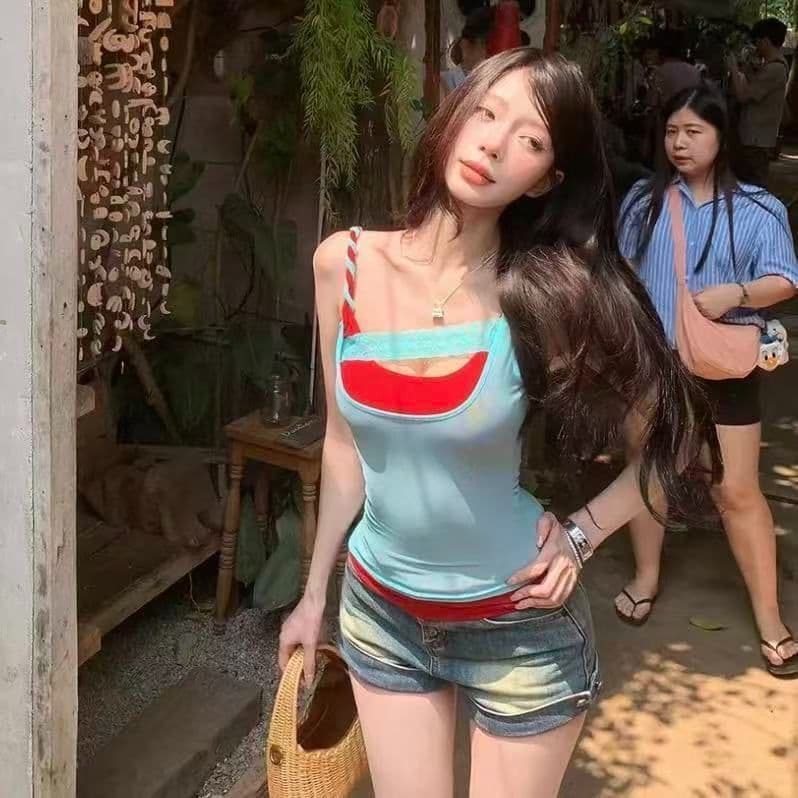 40d 망사 사람들 면 오른쪽 색상 준 품질 좋은 아메리칸 핫걸 배색 패치워크 여성 여름 슬림해 보이는 맨위 상세 이미지 4