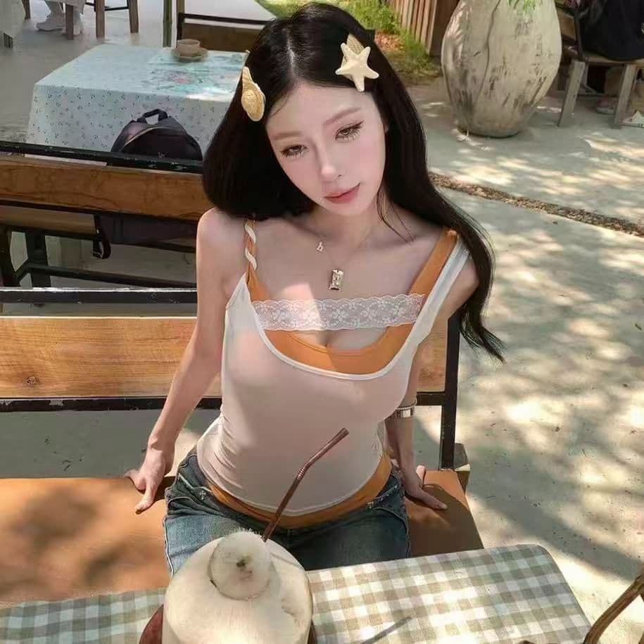40d 망사 사람들 면 오른쪽 색상 준 품질 좋은 아메리칸 핫걸 배색 패치워크 여성 여름 슬림해 보이는 맨위 상세 이미지 6