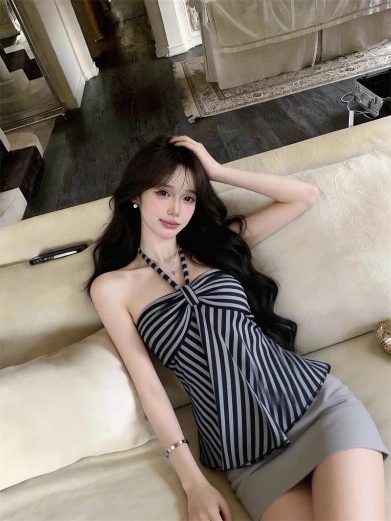핫걸 섹시함 스트라이프 행침 목 튜브탑 조끼 여성 여름 새로운 달콤함 슬림해 보이는 민소매 백리스 작은 맨위 상세 이미지 3