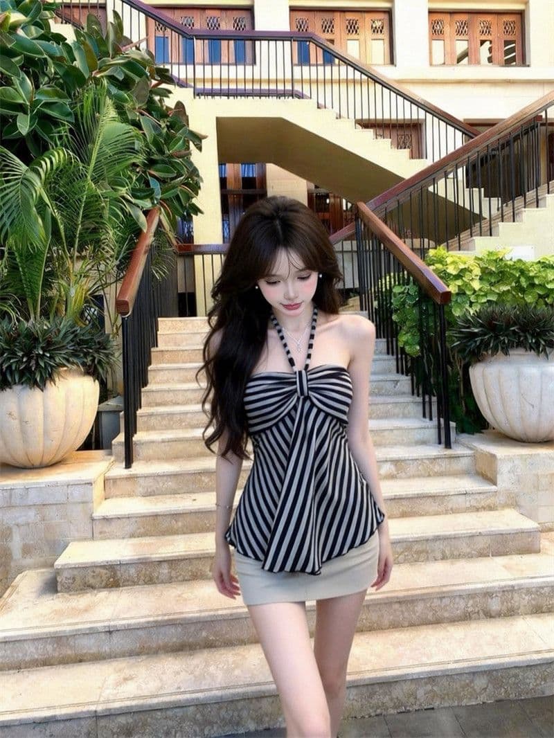 핫걸 섹시함 스트라이프 행침 목 튜브탑 조끼 여성 여름 새로운 달콤함 슬림해 보이는 민소매 백리스 작은 맨위 상세 이미지 5