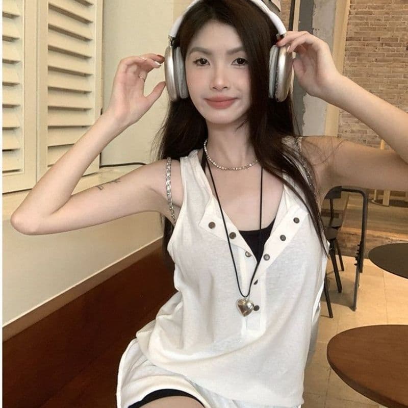 원본 이미지 원본 원단 느긋한 바람 단추 민소매 슬립 여성 조끼 화이트 몸매 가꾸기 중간 길이 이미지 5