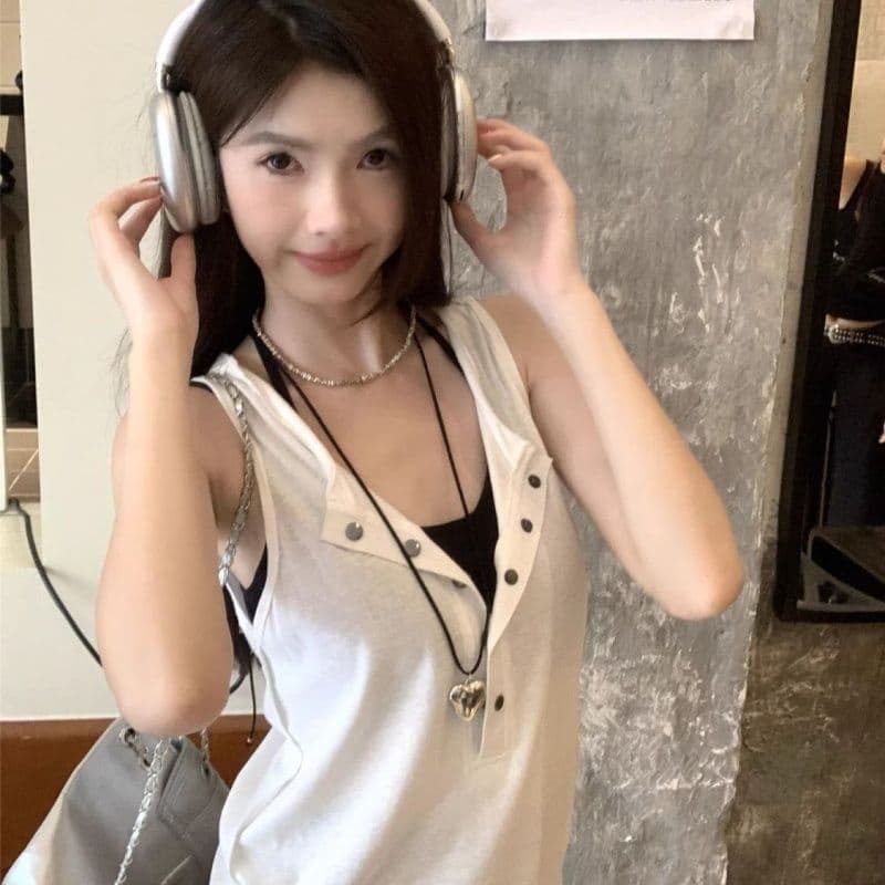 원본 이미지 원본 원단 느긋한 바람 단추 민소매 슬립 여성 조끼 화이트 몸매 가꾸기 중간 길이 상세 이미지 3