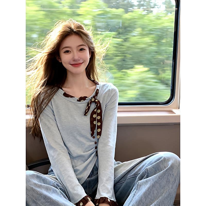 눈꽃 면 빅 사이즈 티셔츠 레이스 허리 수축 2026 년 새로운 슬림해 보이는 여성 의류 봄 긴팔 불규칙 맨위 이미지 3