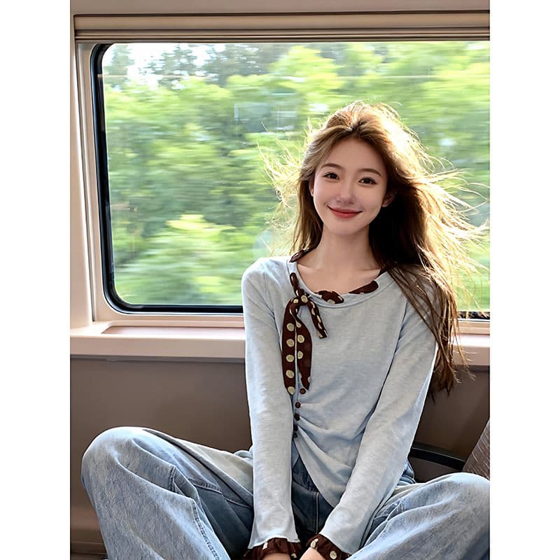 눈꽃 면 빅 사이즈 티셔츠 레이스 허리 수축 2026 년 새로운 슬림해 보이는 여성 의류 봄 긴팔 불규칙 맨위 이미지 4
