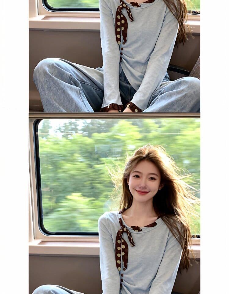 눈꽃 면 빅 사이즈 티셔츠 레이스 허리 수축 2026 년 새로운 슬림해 보이는 여성 의류 봄 긴팔 불규칙 맨위 상세 이미지 2