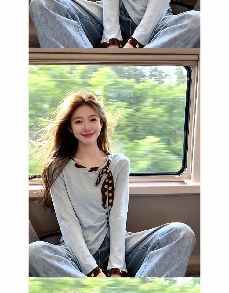 눈꽃 면 빅 사이즈 티셔츠 레이스 허리 수축 2026 년 새로운 슬림해 보이는 여성 의류 봄 긴팔 불규칙 맨위 상세 이미지 3