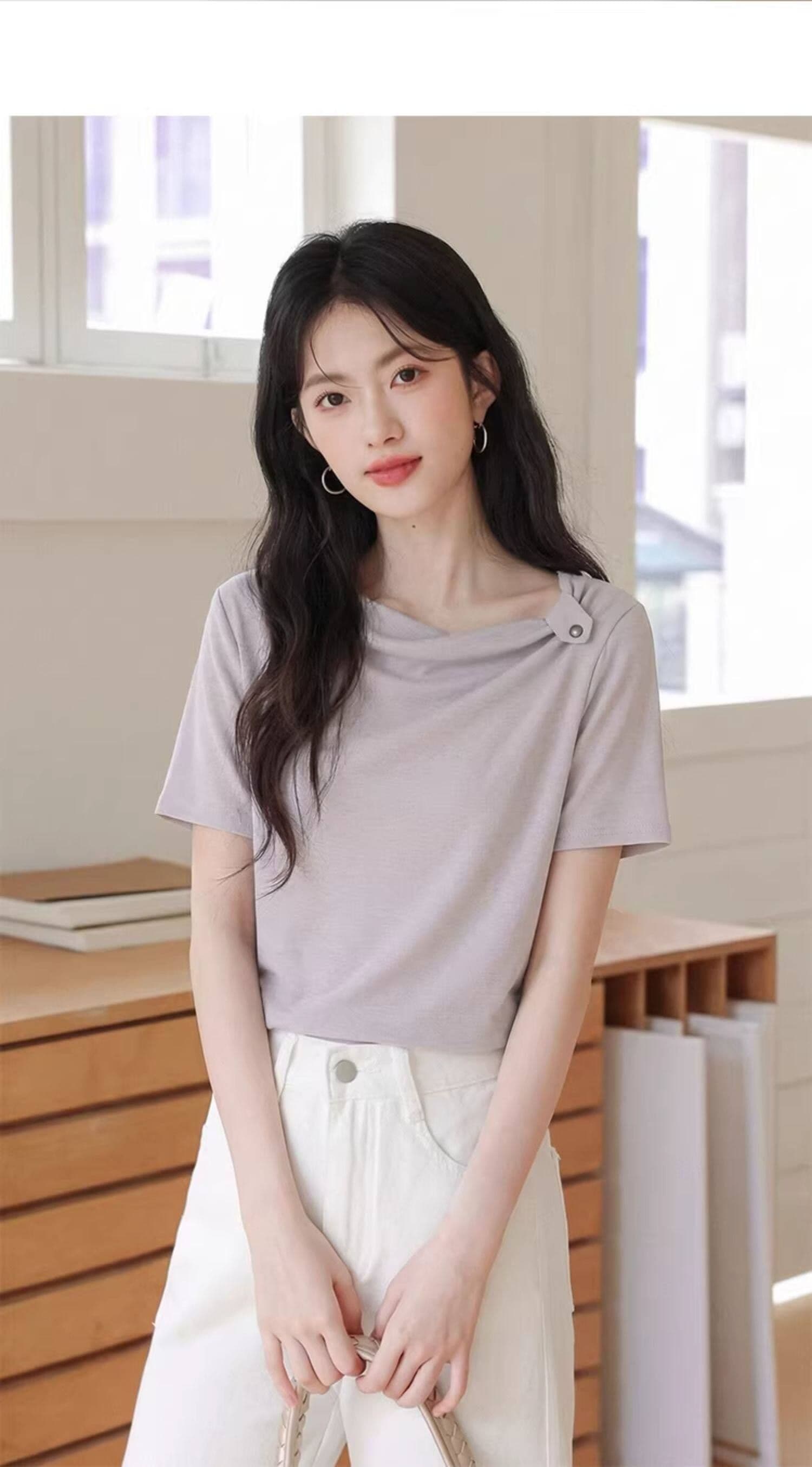 빅 사이즈 품격 보라색 반팔 티셔츠 여성 2026 여름 새로운 고유 한 맨위 상세 이미지 7