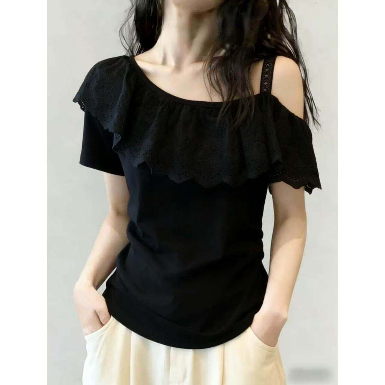 40 차가운 실크 차가운 면 리브 1 1 빅 사이즈 여름 프릴 오프숄더 반팔 티셔츠 여성 새로운 슬림해 보이는 맨위 상세 이미지 5