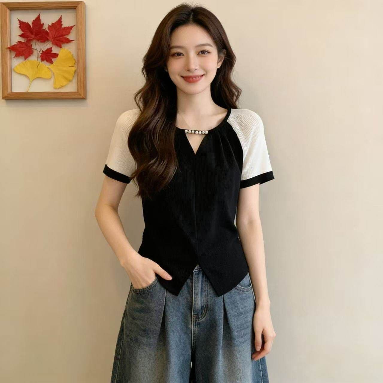 40 차가운 실크 차가운 면 리브 1 1 빅 사이즈 고급 센스 비즈 박기 반팔 슬림해 보이는 여성 2026 여름 새로운 맨위