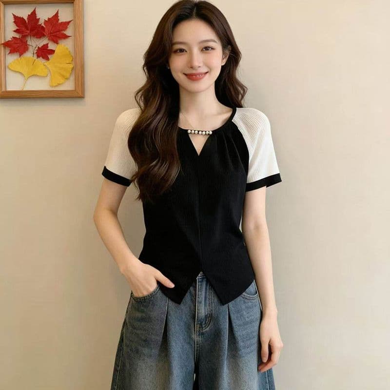 40 차가운 실크 차가운 면 리브 1 1 빅 사이즈 고급 센스 비즈 박기 반팔 슬림해 보이는 여성 2026 여름 새로운 맨위 상세 이미지 5