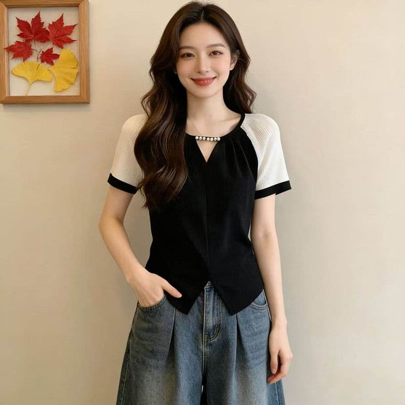 40 차가운 실크 차가운 면 리브 1 1 빅 사이즈 고급 센스 비즈 박기 반팔 슬림해 보이는 여성 2026 여름 새로운 맨위 상세 이미지 6