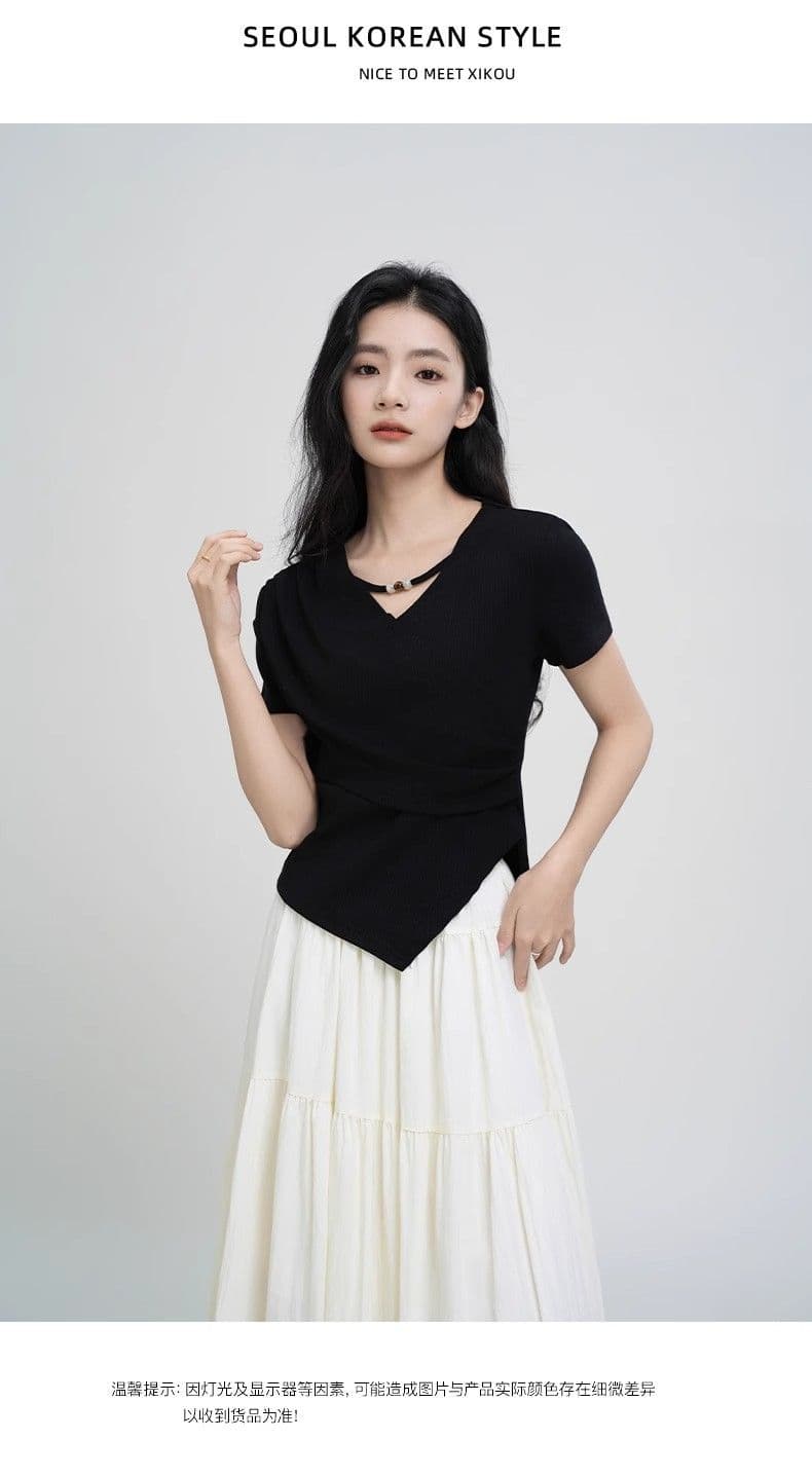 40 차가운 실크 차가운 면 리브 1 1 V넥 반팔 티셔츠 여성 여름 2026 새로운 불규칙 십자가 티셔츠 여성 상세 이미지 4