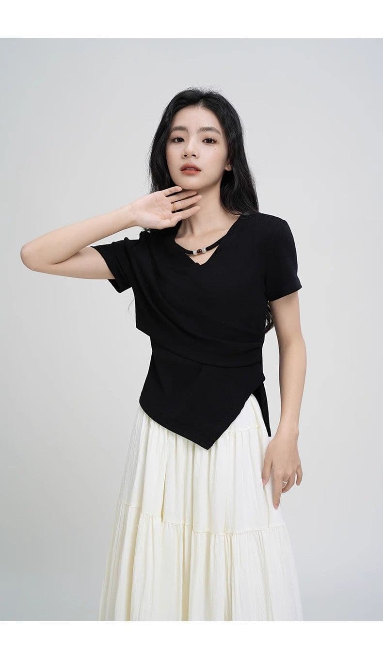 40 차가운 실크 차가운 면 리브 1 1 V넥 반팔 티셔츠 여성 여름 2026 새로운 불규칙 십자가 티셔츠 여성 상세 이미지 5