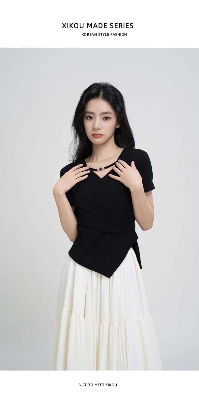 40 차가운 실크 차가운 면 리브 1 1 V넥 반팔 티셔츠 여성 여름 2026 새로운 불규칙 십자가 티셔츠 여성 상세 이미지 7