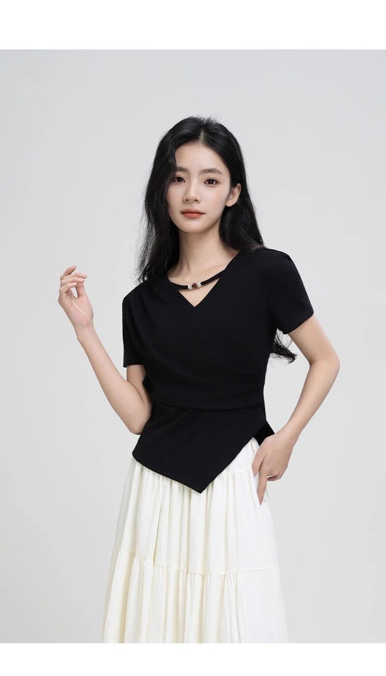 40 차가운 실크 차가운 면 리브 1 1 V넥 반팔 티셔츠 여성 여름 2026 새로운 불규칙 십자가 티셔츠 여성 상세 이미지 9