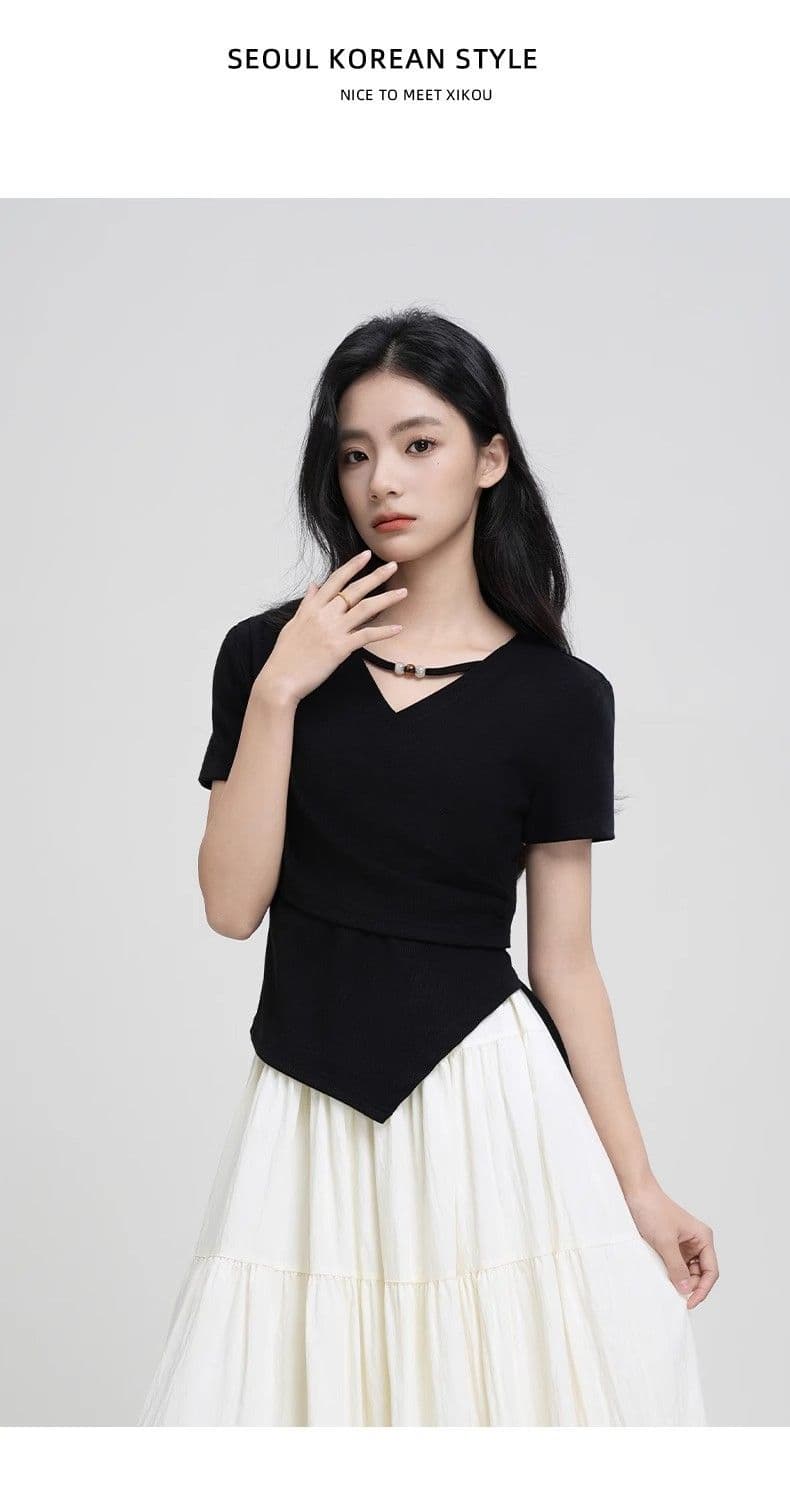 40 차가운 실크 차가운 면 리브 1 1 V넥 반팔 티셔츠 여성 여름 2026 새로운 불규칙 십자가 티셔츠 여성 상세 이미지 10