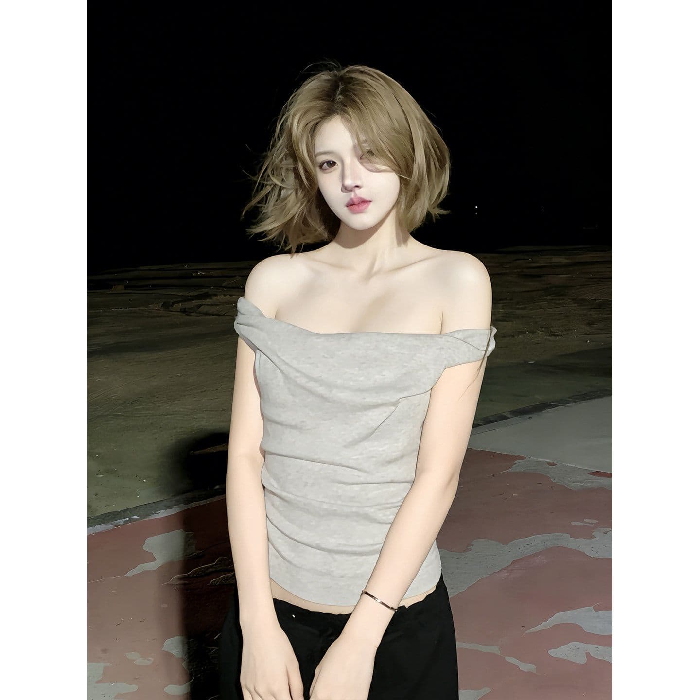 부드러운 바람 비틀림 오프숄더 반팔 맨위 여성 여름 새로운 품격 오프숄더 슬림해 보이는 맨위 이미지 2