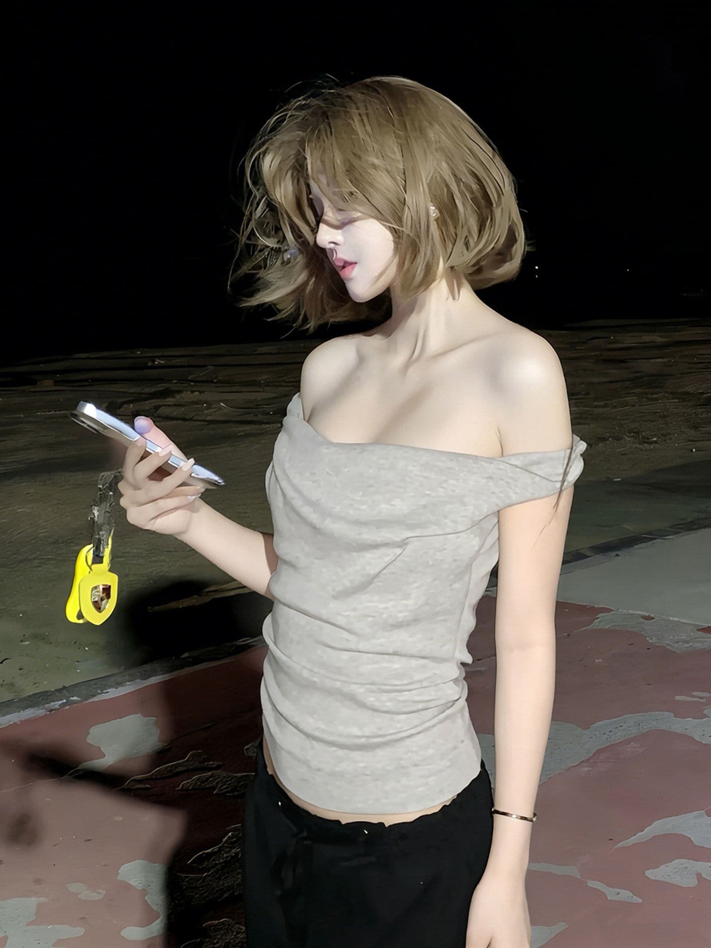 부드러운 바람 비틀림 오프숄더 반팔 맨위 여성 여름 새로운 품격 오프숄더 슬림해 보이는 맨위 상세 이미지 4