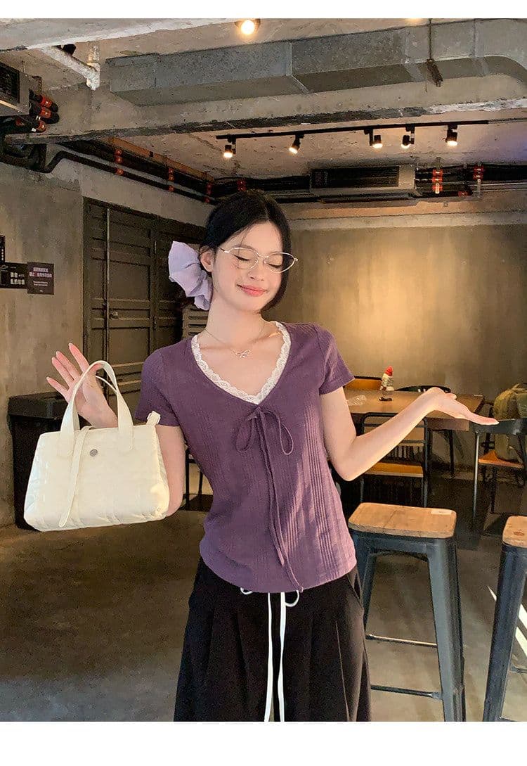송 긍정적 인 En 보라색 V넥 레이스 스트랩 반팔 티셔츠 여성 여름 한 부서 몸매 가꾸기 슬림해 보이는 긍정적 인 어깨 다용도 작은 맨위 상세 이미지 11