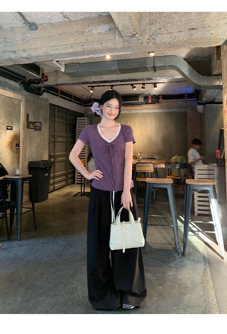 송 긍정적 인 En 보라색 V넥 레이스 스트랩 반팔 티셔츠 여성 여름 한 부서 몸매 가꾸기 슬림해 보이는 긍정적 인 어깨 다용도 작은 맨위 상세 이미지 13