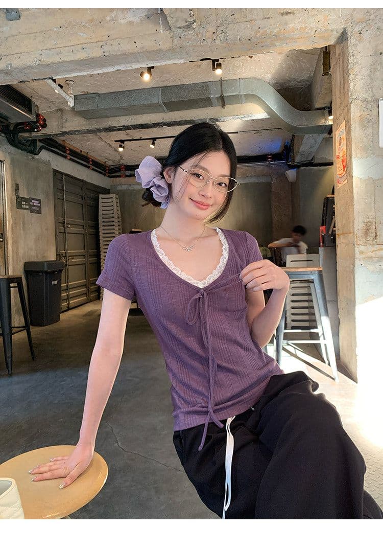 송 긍정적 인 En 보라색 V넥 레이스 스트랩 반팔 티셔츠 여성 여름 한 부서 몸매 가꾸기 슬림해 보이는 긍정적 인 어깨 다용도 작은 맨위 상세 이미지 14