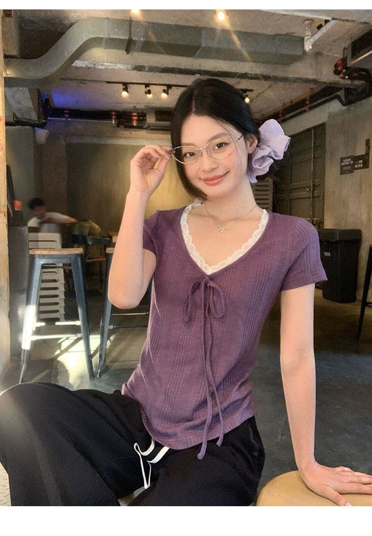 송 긍정적 인 En 보라색 V넥 레이스 스트랩 반팔 티셔츠 여성 여름 한 부서 몸매 가꾸기 슬림해 보이는 긍정적 인 어깨 다용도 작은 맨위 상세 이미지 15
