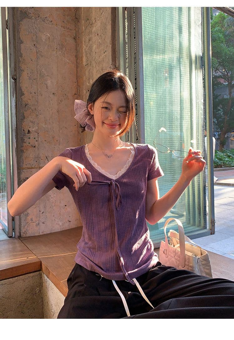 송 긍정적 인 En 보라색 V넥 레이스 스트랩 반팔 티셔츠 여성 여름 한 부서 몸매 가꾸기 슬림해 보이는 긍정적 인 어깨 다용도 작은 맨위 상세 이미지 16
