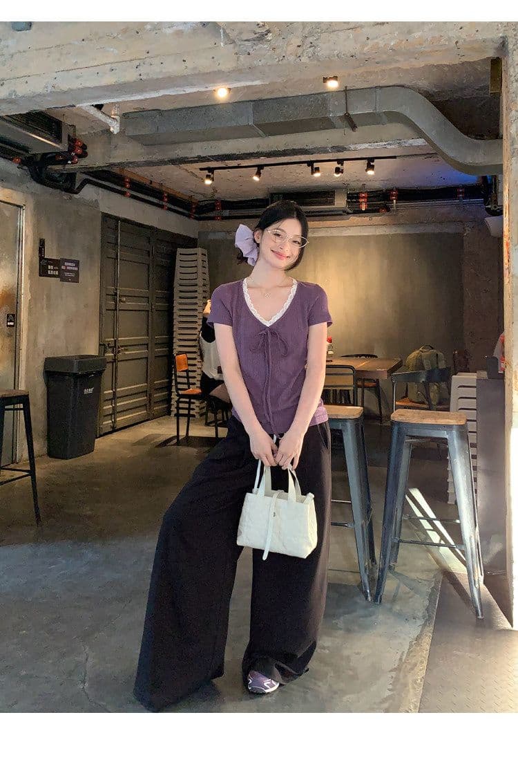 송 긍정적 인 En 보라색 V넥 레이스 스트랩 반팔 티셔츠 여성 여름 한 부서 몸매 가꾸기 슬림해 보이는 긍정적 인 어깨 다용도 작은 맨위 상세 이미지 18