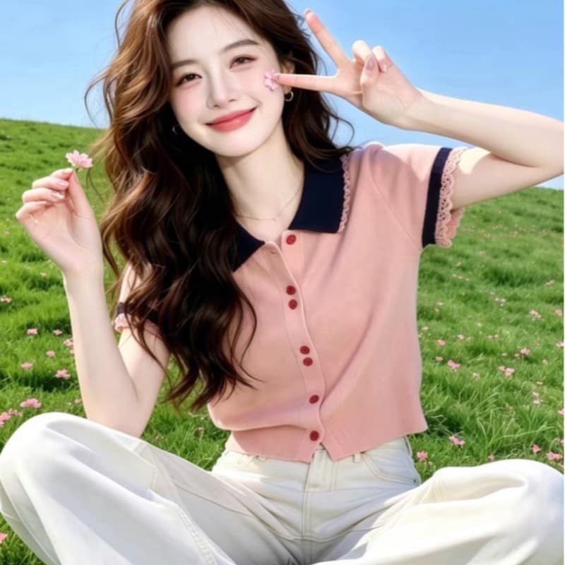 패션 고급 센스 레이스 조각 반팔 니트 스웨터 여성 2026 여름 새로운 한 부서 부드러운 연령 감소 기본 셔츠 이미지 5