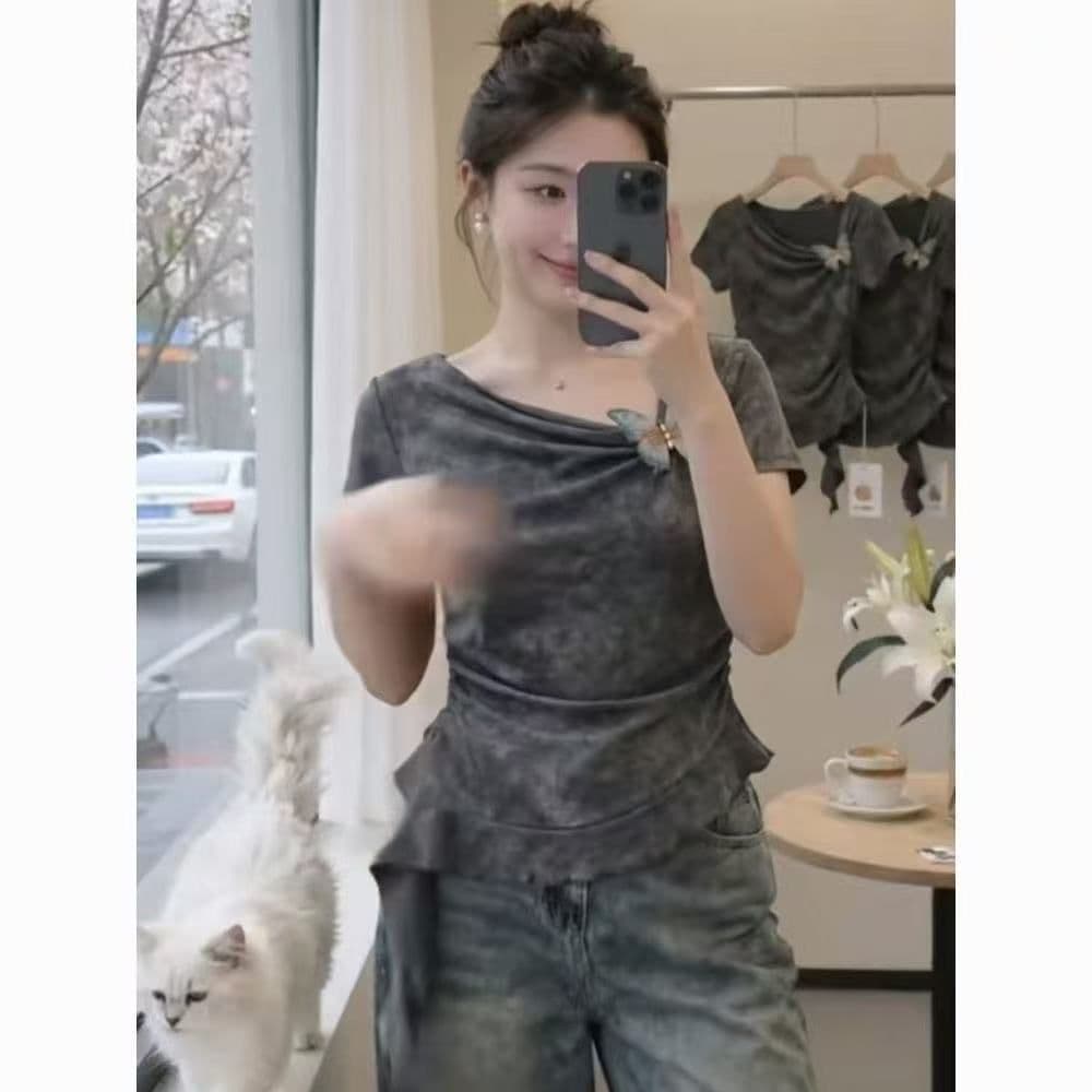 사람들 면 벨트 나비 매듭 여름 불규칙 나비 반팔 티셔츠 슬림해 보이는 품격 다용도 프랑스식 연꽃 잎 맨위 상세 이미지 1